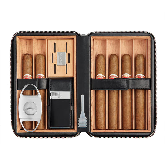LEACHOI Leather Cigar Travel Humidor, cigar case with lighter and cigar cutter, cigar accessory set, cigar gift set, Holds up to 6 cigars.