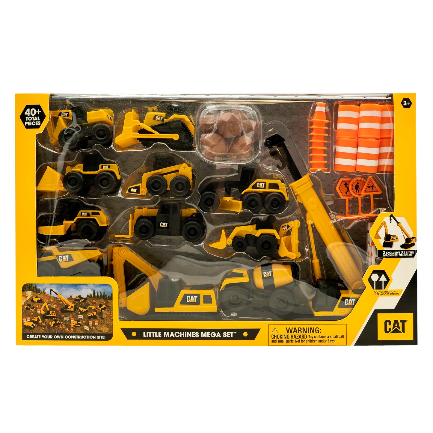 CAT® Construction Little Machines Mega Set I With 40 pieces I Includes vehicles, a crane, traffic signs, cones, blocks, and cylinders I For kids aged 3 years and up.