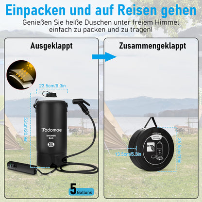 Tadomoe camping shower, 20 liter solar shower with portable shower pump, portable shower camping bag with convenient nozzle, temperature display, hot water solar shower for camping beach hiking travel.
