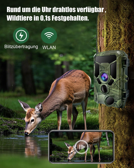 HAZA 4K WiFi Trail Camera with App, 60MP HD Wildlife Camera with 940nm Night Vision, Motion Sensor, SD Card, 120° Wide Angle, 0.1s Trigger, IP66 rated for Wildlife Monitoring/Deer Scouting.
