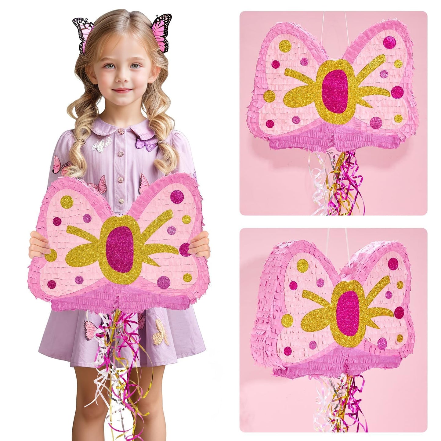 WERNNSAI Fly Piñata - Pink glitter fly piñata birthday party decor for girls kids piñata with stick and blindfold birthday party decor piñata with pull string accessories with princess theme