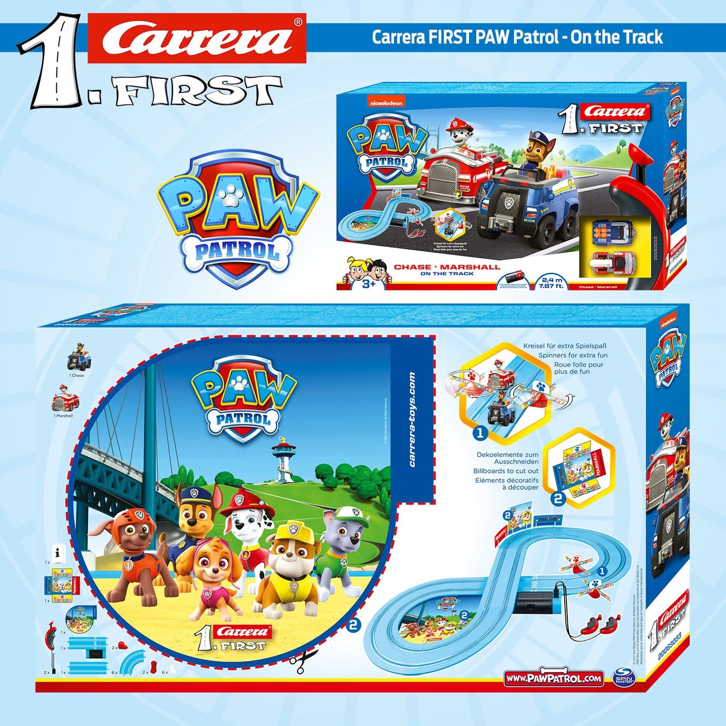 Carrera 369-3033 FIRST PAW PATROL On the Track 2.4m Race Track Set | 2 remote-controlled vehicles featuring Chase and Marshall | includes hand controller & track pieces | toy for kids 3+ years old