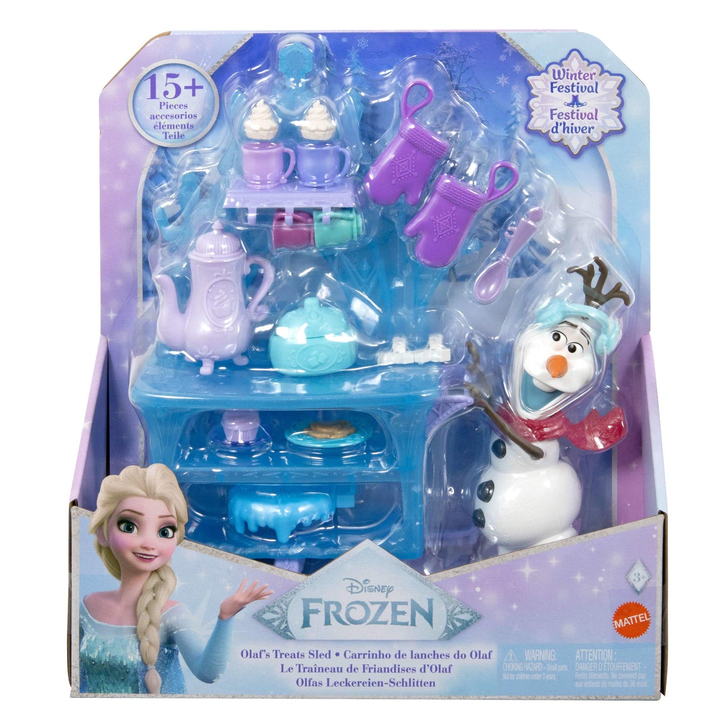 Mattel Disney Frozen Olaf doll with accessories, Treats Sled with Olaf doll, mobile food cart, food items, and more, inspired by Frozen: Winterfest, JBG55.