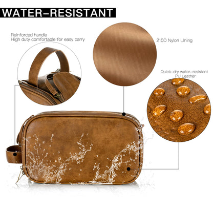 Elviros Men's Toiletry Bag, PU Leather Waterproof Travel Large Opening Toiletry Bag, Suitable for Travel, Business Trip, Gym, Bathroom, Khaki, Size: L