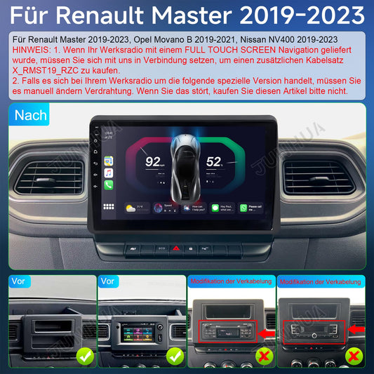 JUNHUA 10.1" Android 14 2GB+64GB car radio navigation system for Renault Master 2019-2023, Opel Movano B 2019-2021, Nissan NV400 2019-2023. Features 1280x800 IPS display, wireless Carplay, Android Auto, Bluetooth 5.1, and WiFi.