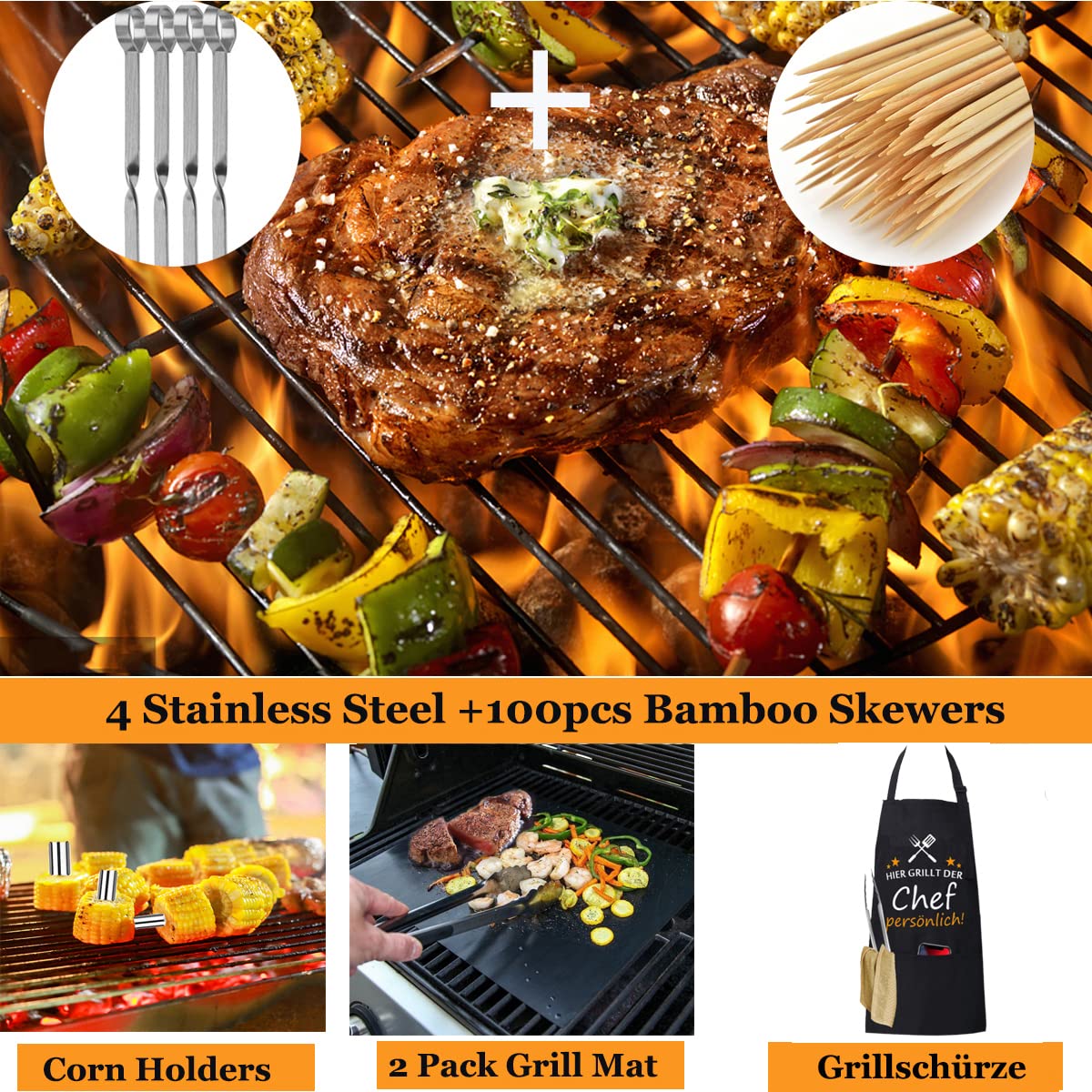 MUJUZE BBQ Accessory Set, Grill Set for Men Dad Gift, Stainless Steel Grill Tool Set in Case, Gas Grill Accessory Set, BBQ Accessories for Garden and Camping (BBQ Set with Grilling Apron)