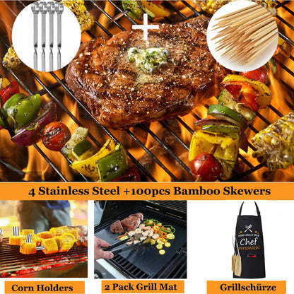 MUJUZE BBQ Accessory Set, Grill Set for Men Dad Gift, Stainless Steel Grill Tool Set in Case, Gas Grill Accessory Set, BBQ Accessories for Garden and Camping (BBQ Set with Grilling Apron)