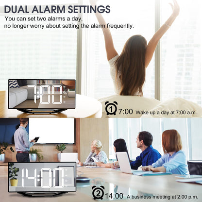 Loud alarm clock with bed shaker for heavy sleepers, digital dual alarm clock with vibration, 8.7'' LED mirror alarm clock for kids, teens, 7 volume levels and dimmer, battery backup, snooze, 12/24H-DST.