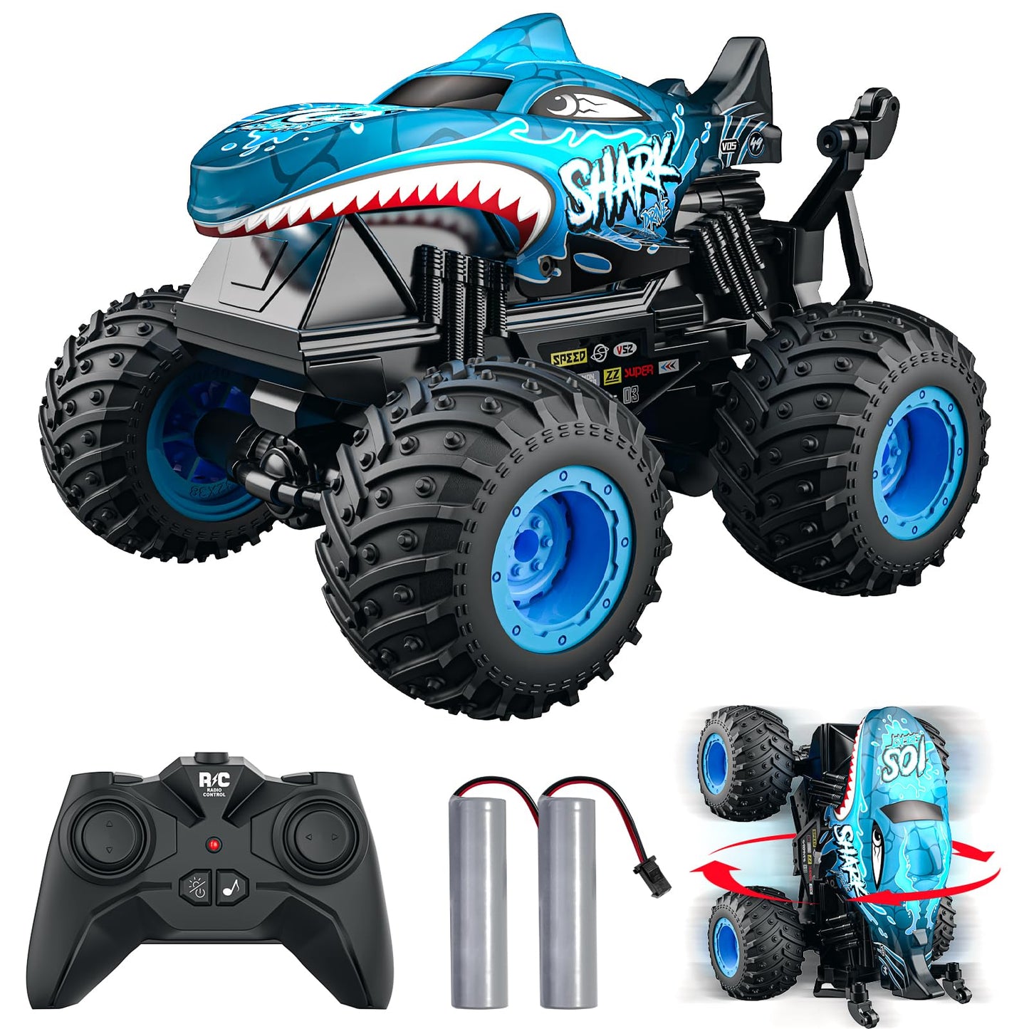 ACAMMZAR Remote Control Car, 2.4GHz 20+ km/h RC Monster Truck with 2 Batteries 60 Mins+, RC Stunt Toy Car Spray Mist Music, for 6 7 8 9 10 Year Old Kids Adults, Blue