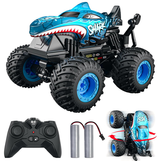 ACAMMZAR Remote Control Car, 2.4GHz 20+ km/h RC Monster Truck with 2 Batteries 60 Mins+, RC Stunt Toy Car Spray Mist Music, for 6 7 8 9 10 Year Old Kids Adults, Blue