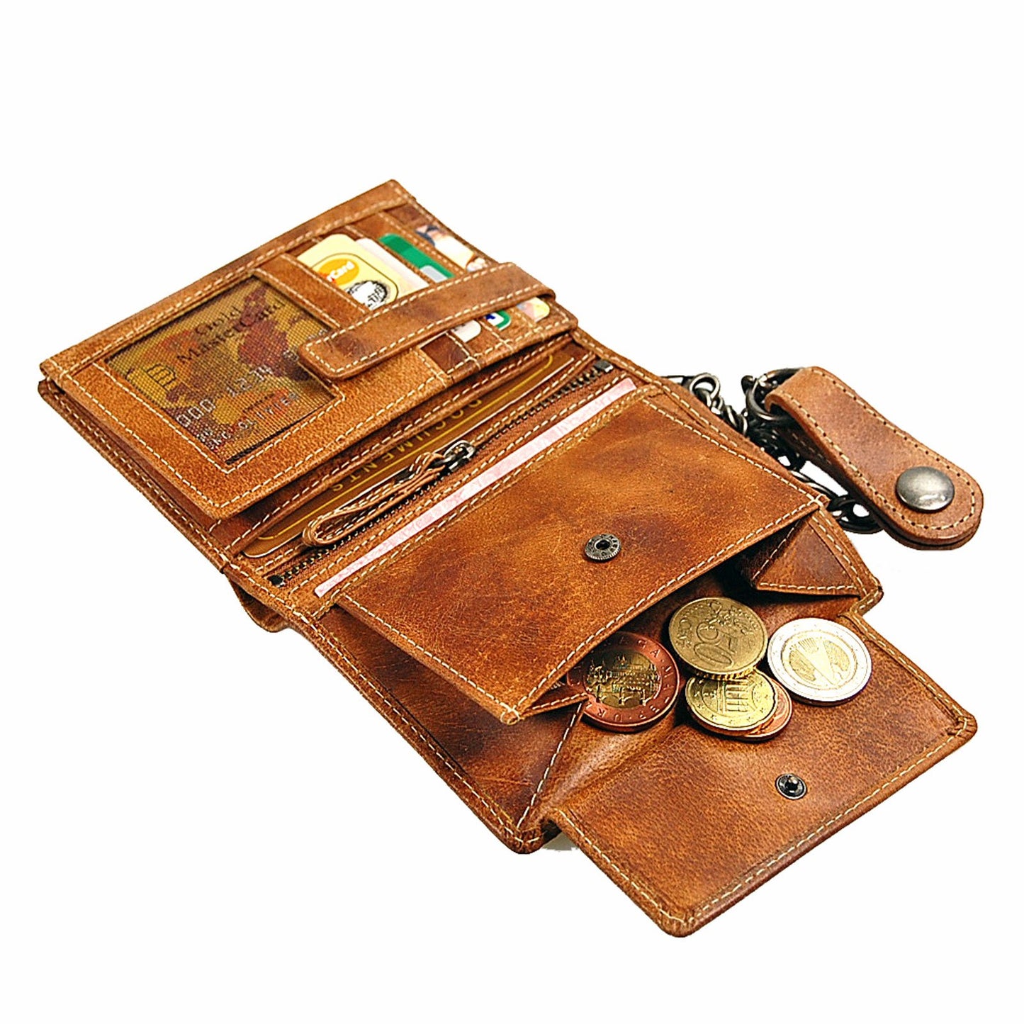 GoBago Biker wallet - leather purse with chain, made of durable leather. Chain wallet in vintage style - Biker wallet (Vintage-Tan).