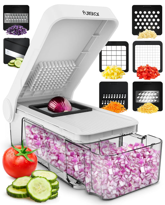 Vegetable slicer mandolin - vegetable slicer cucumber slicer onion slicer potato slicer fruit slicer - grater for vegetables and cheese - julienne cutter (7-in-1 compact white)