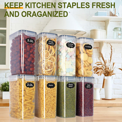 Cinnani 2L storage container set, set of 8 airtight storage containers with lids, cereal dispenser & food storage containers, BPA free kitchen storage box for storing pasta, cereal, rice, flour