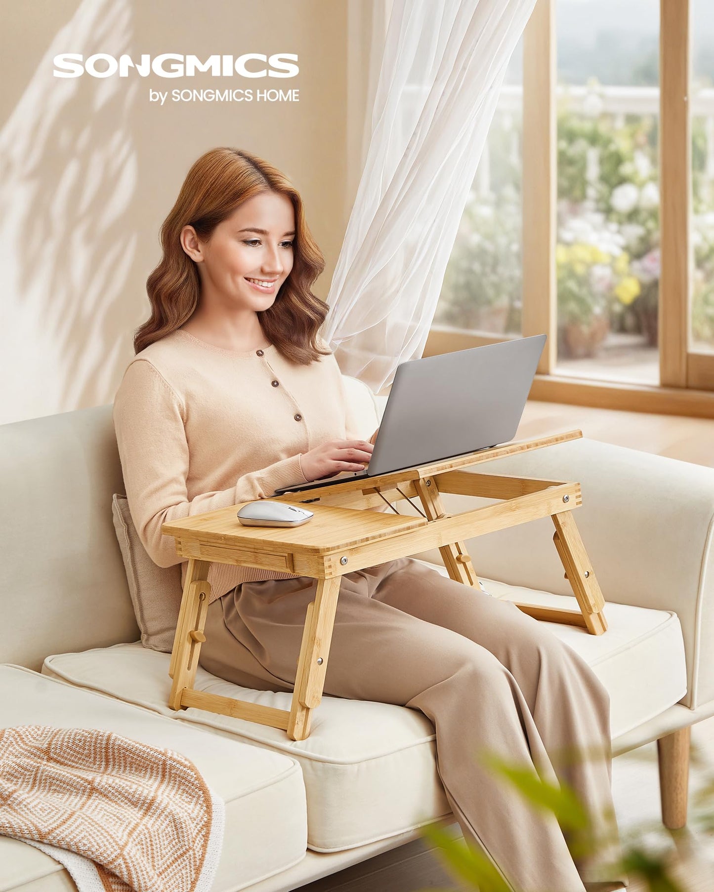 SONGMICS Laptop Desk, Laptop Stand, Breakfast Tray, Foldable Legs, for Bed and Sofa, Adjustable Height, for up to 15.6 inch Laptops, (61-68.3) x 34.9 x (22.5-32) cm, Natural Color LLD01N