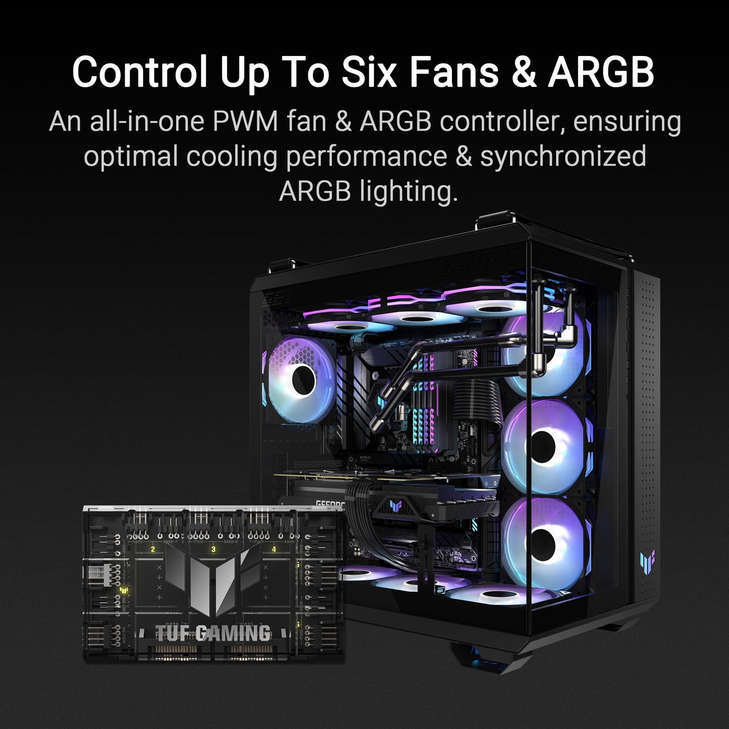 ASUS TUF Gaming ARGB PWM Fan Hub (6x ports for PWM case fans and ARGB control, 2x SATA power connectors, syncs cooling and lighting effects, magnetic mounting, power indicator)