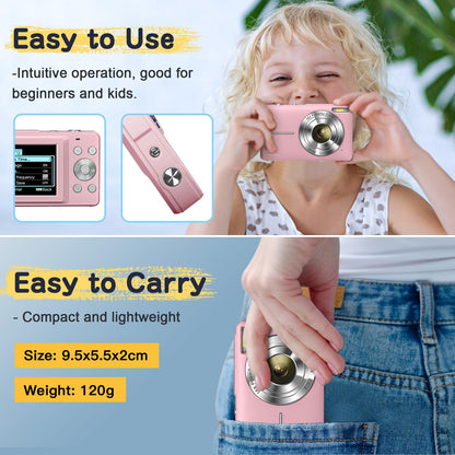 Digital camera 44MP FHD 1080p camera with 32G card. Photo camera with battery. Easy portable 16X digital zoom camera for kids, teens, students, seniors, beginners. (Pink)