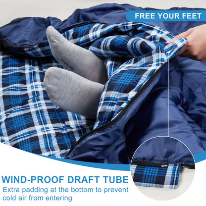 Cotton flannel double sleeping bag for camping, hiking, or trekking. Queen size 2 person waterproof sleeping bag for adults or teenagers. Lightweight sleeping bag for 2.