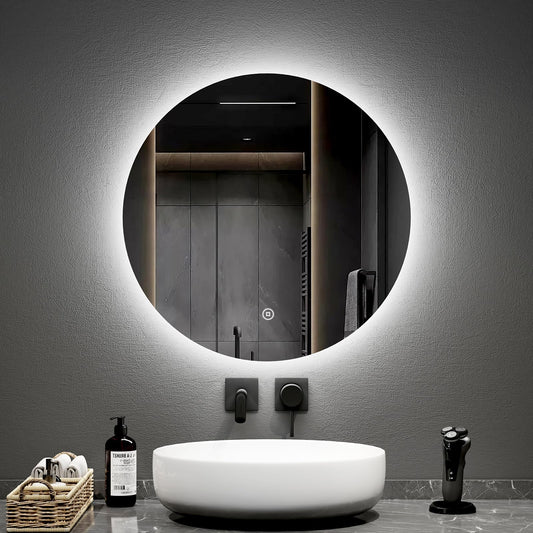 EMKE LED Bathroom Mirror with Lighting, 60cm diameter, dimmable cool white light 6500K, storage function, touch switch, energy-saving IP44 rated.