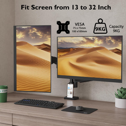BONTEC Dual Monitor Stand for 13 to 32 inch LED-LCD Screens Holds 3-9 kg, Monitor Mount Height Adjustable Tilt Swivel and Rotate, VESA 75/100mm