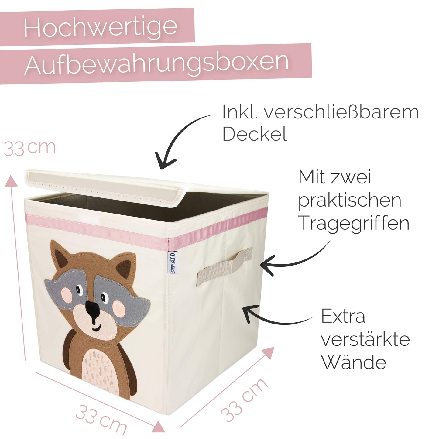 LUCKY CLOUD Kids Storage Box - 15 designs I Toy chest with lid for children's room I Toy boxes (33x33x33) for storage in the Kallax shelf I Forest animals design Raccoon