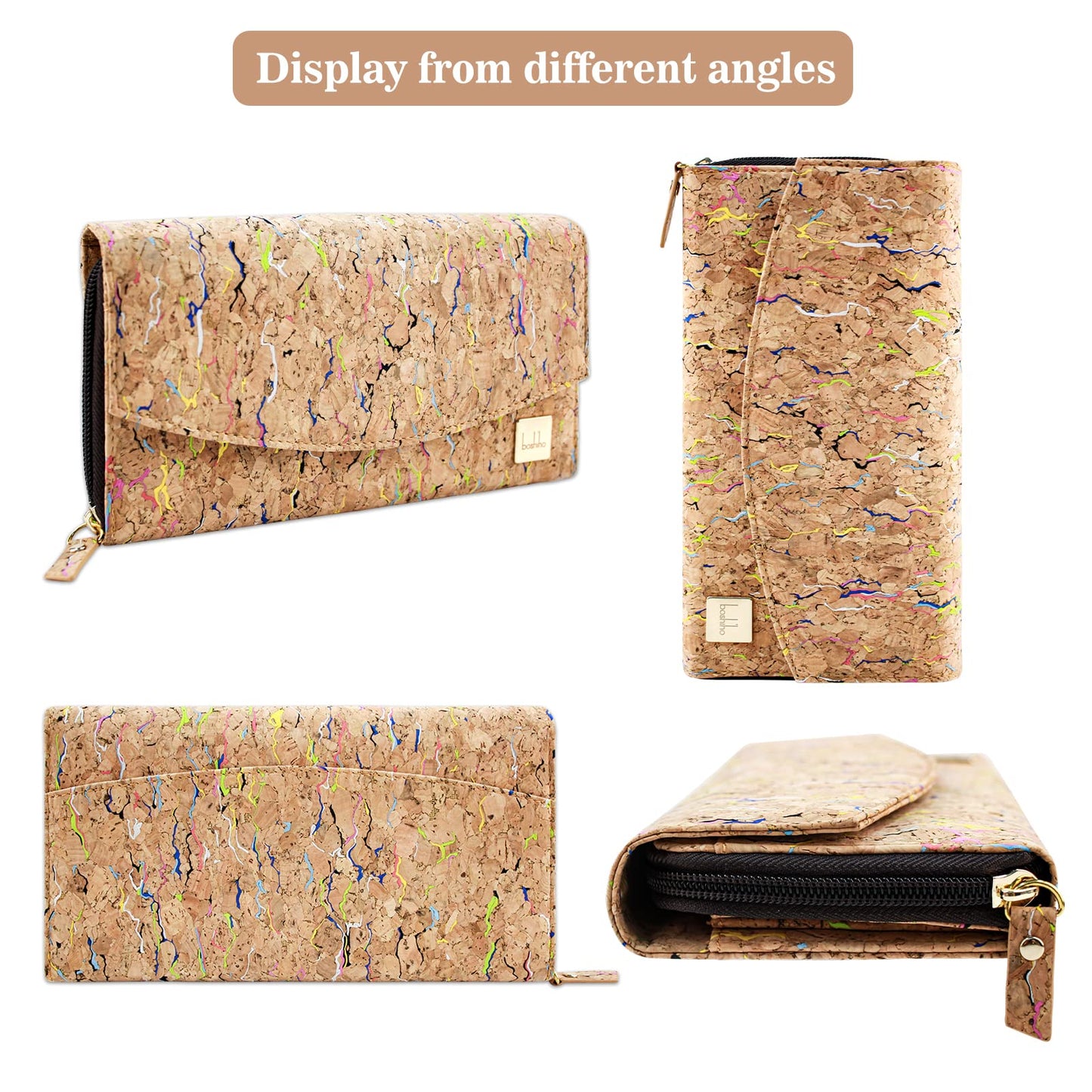 Boshiho cork wallet for women, sustainable vegan purse made from large cork with zipper. Features multiple compartments, ideal vegan gift.