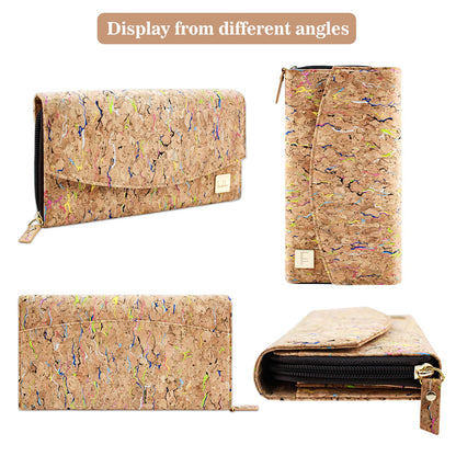 Boshiho cork wallet for women, sustainable vegan purse made from large cork with zipper. Features multiple compartments, ideal vegan gift.