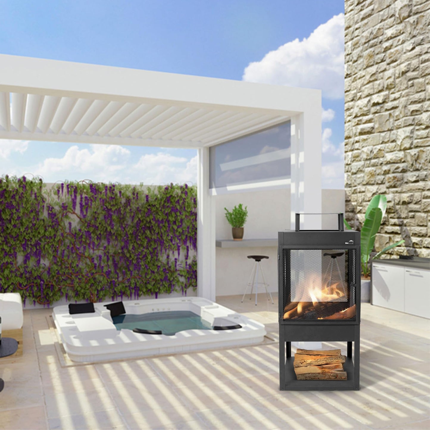 MaxxGarden Helios garden fireplace - patio fireplace - outdoor fire pit - with spark protection for relaxation - with steel grid - firewood storage space in the bottom compartment - Ø45x100 cm - black
