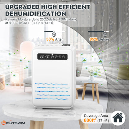 Updated dehumidifier (remote control) for bedroom, 2.8L water tank, 75m², quiet, small dehumidifier for basement, home, bathroom with auto shutdown, LED light in 7 colors.