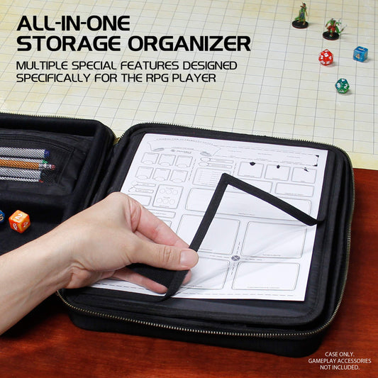 ENHANCE RPG Organizer Case - D&D folder with integrated character sheet holder, dice rolling area, removable pen pocket, miniature foam storage (Black)
