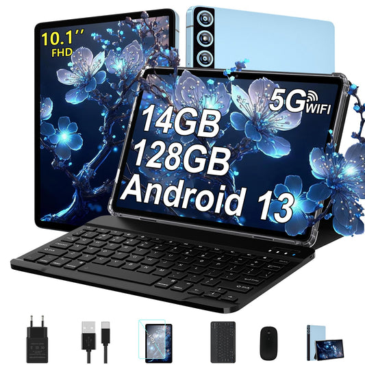 ZIOVO 2024 Android 13 Tablet 10 inch with 14GB RAM + 128GB ROM (1TB TF), FHD 1280 * 800, 2.4G + 5G WiFi Octa-Core 2.0GHz, 8000mAh, 5MP + 8MP, BT 5.0, AGPS - with Keyboard and Mouse, Blue