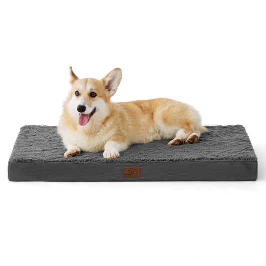 BEDSURE orthopedic dog bed for medium dogs - 89x56x7.6cm plush dog pillow washable dog mat in dark gray for medium dogs.