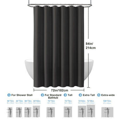 Waffle shower curtain with metal shower curtain rings fabric textile bathtub curtain anti mold bath curtain set waterproof bath curtain heavy shower curtain bathroom - 182 x 214cm (black)