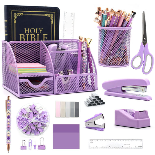 12-in-1 Purple Office Supplies, purple desk organizer and accessory set, purple office supplies purple stapler pen holder tape dispenser, staples, staple remover for school, gifts for colleagues, wife