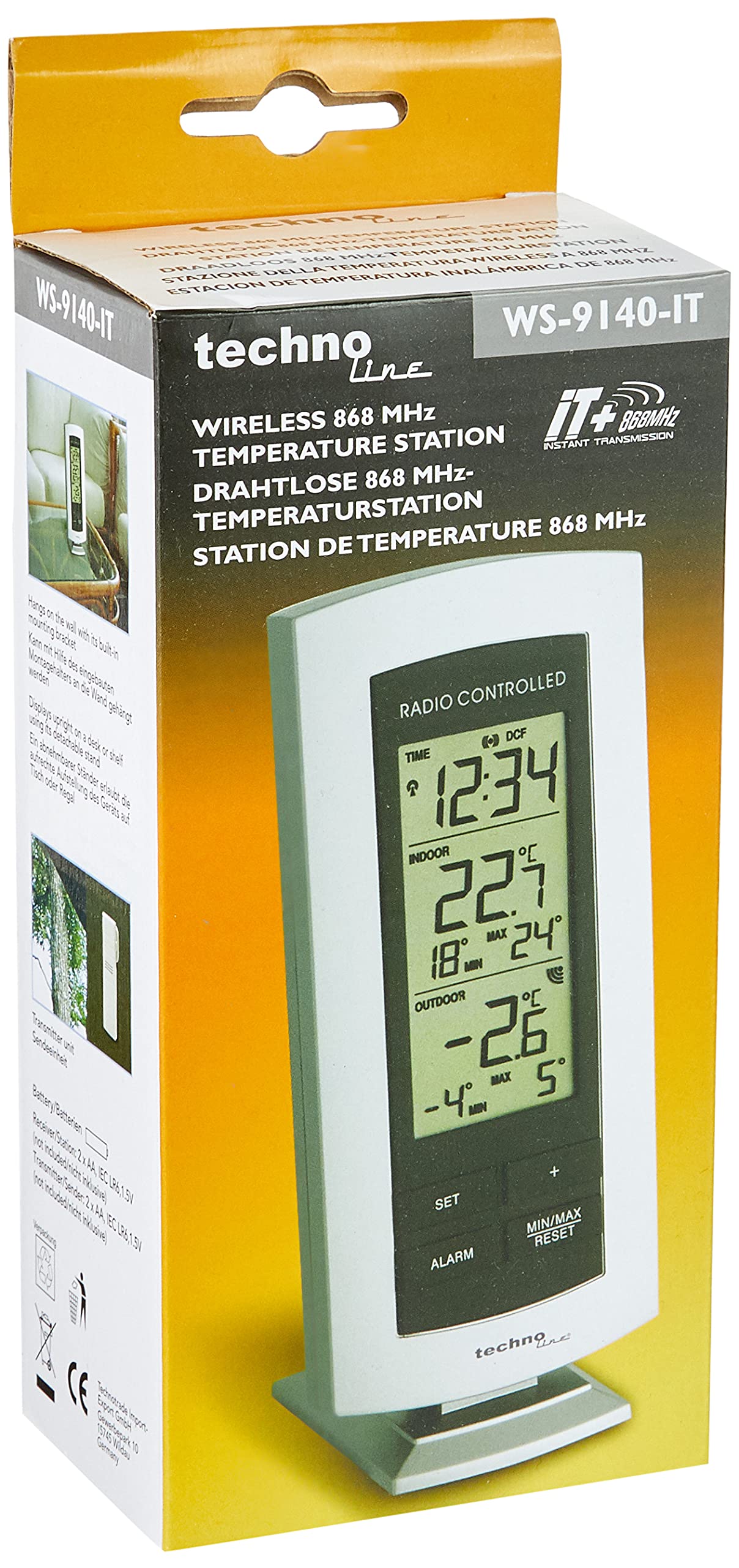 Techno Line weather station WS 9140-IT with radio-controlled clock and indoor and outdoor temperature display, including transmitter TX106