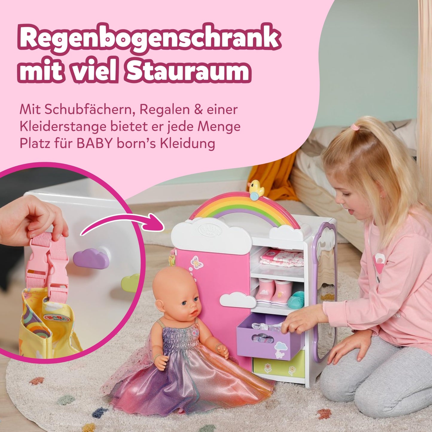 BABY born Rainbow Wardrobe, doll clothes closet, storage for doll clothing with glowing rainbow and cheerful sounds, 836040 Zapf Creation
