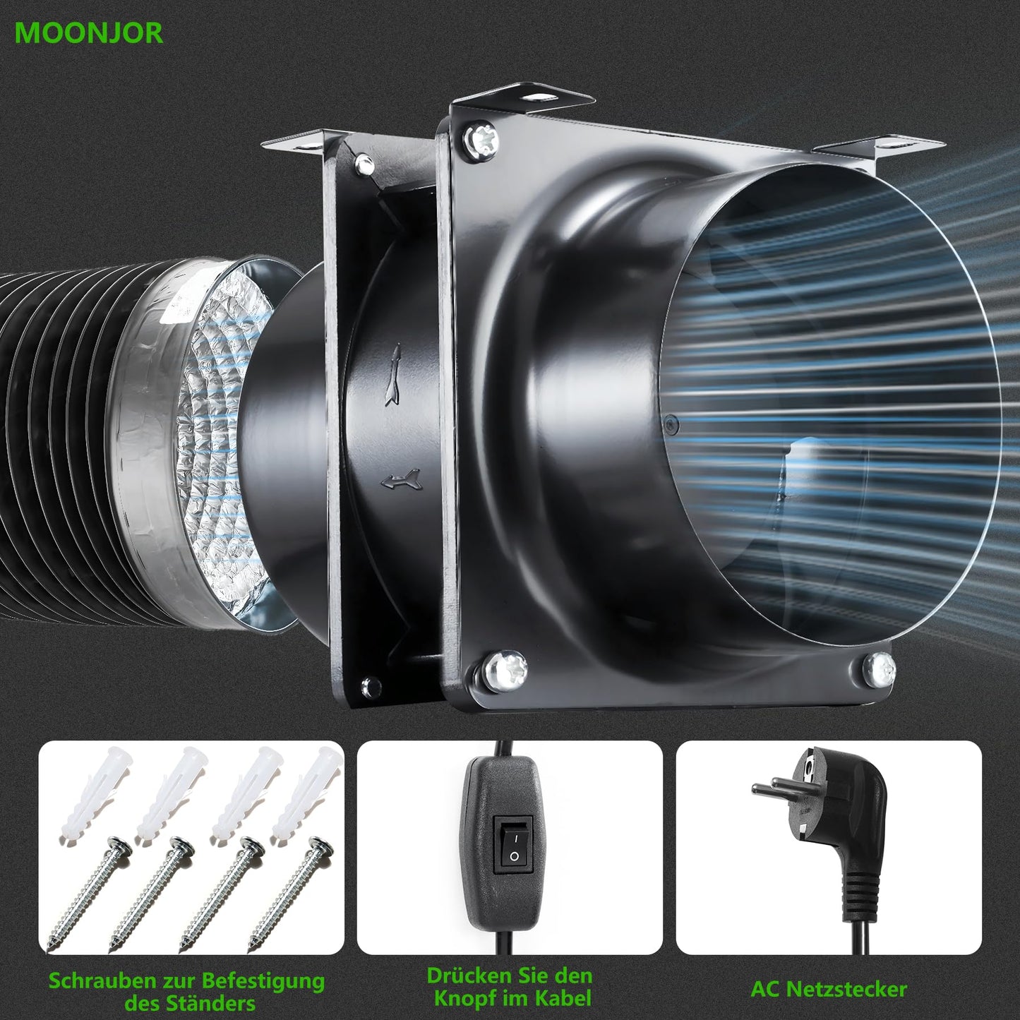 Ø100mm Axial Tube Fan, Exhaust Fan Duct Fan with On-Off Switch, 2m Duct Hose for Garage, Office, Grow Tent