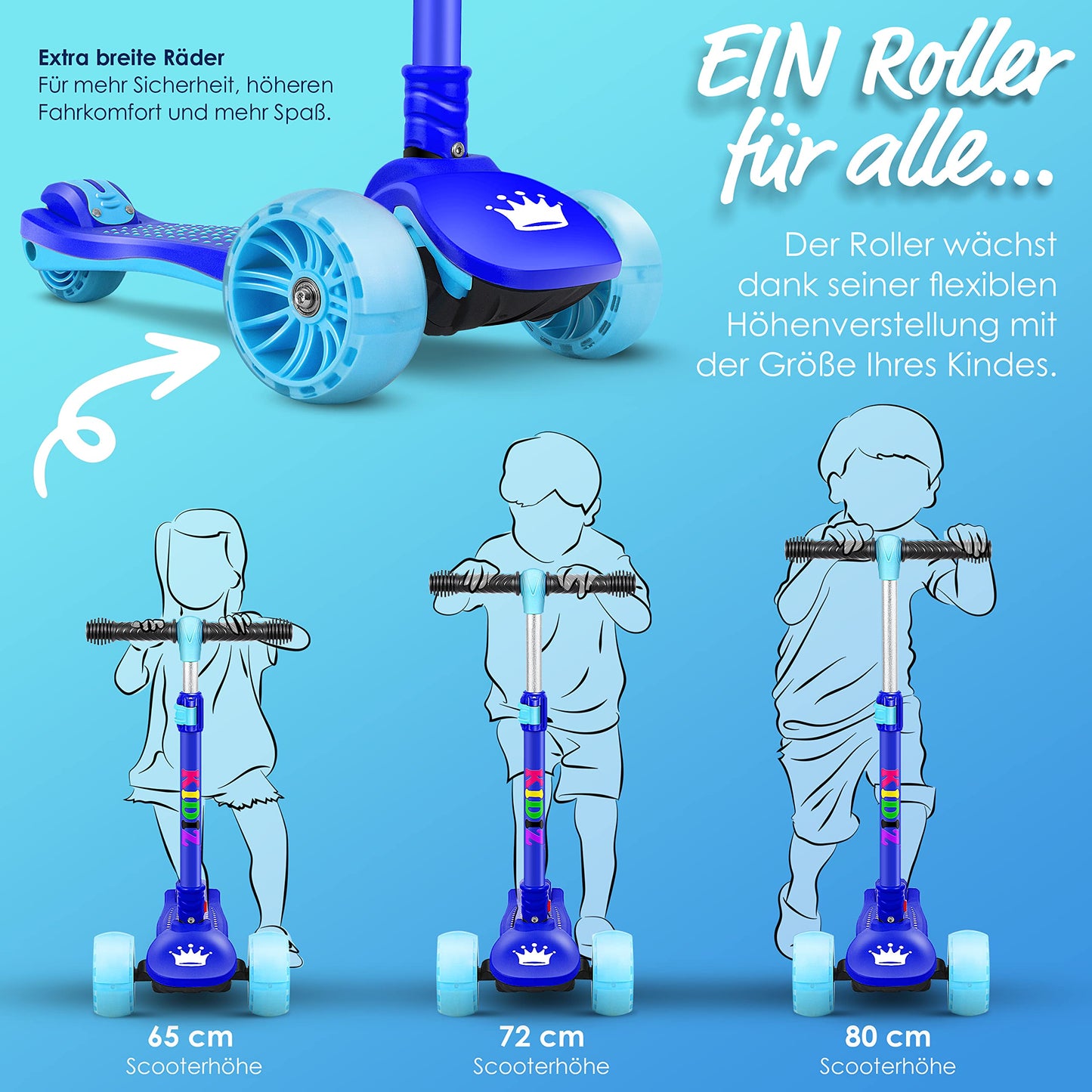 KIDIZ® Roller Kids Scooter X-Pro2 Trike Scooter with PU LED Light-Up Wheels Children's scooter foldable kick scooter adjustable height city scooter kids scooter for boys girls 3-12 years, Blue
