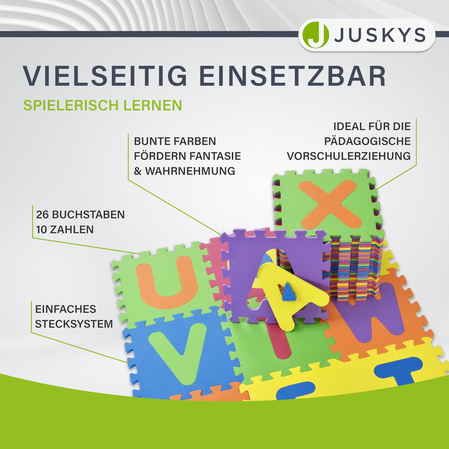Juskys Kids puzzle mat Kim 36 pieces with letters A-Z & numbers 0-9 - non-slip & wipeable puzzle from 10 months - Eva foam - play mat