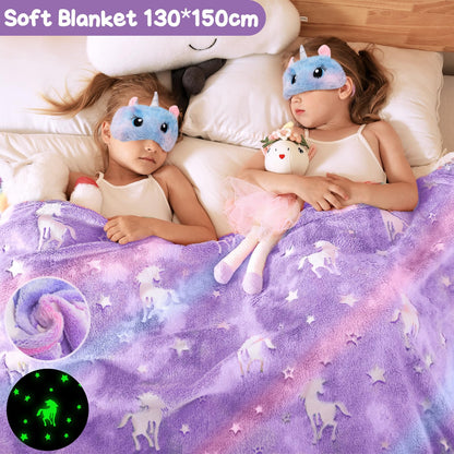 Taco bear unicorn gifts for girls aged 5-11 years old. Includes unicorn blanket, glow-in-the-dark pillowcase, stainless steel thermos, bath bombs, shoulder bag, eye mask. Perfect birthday gift for girls.