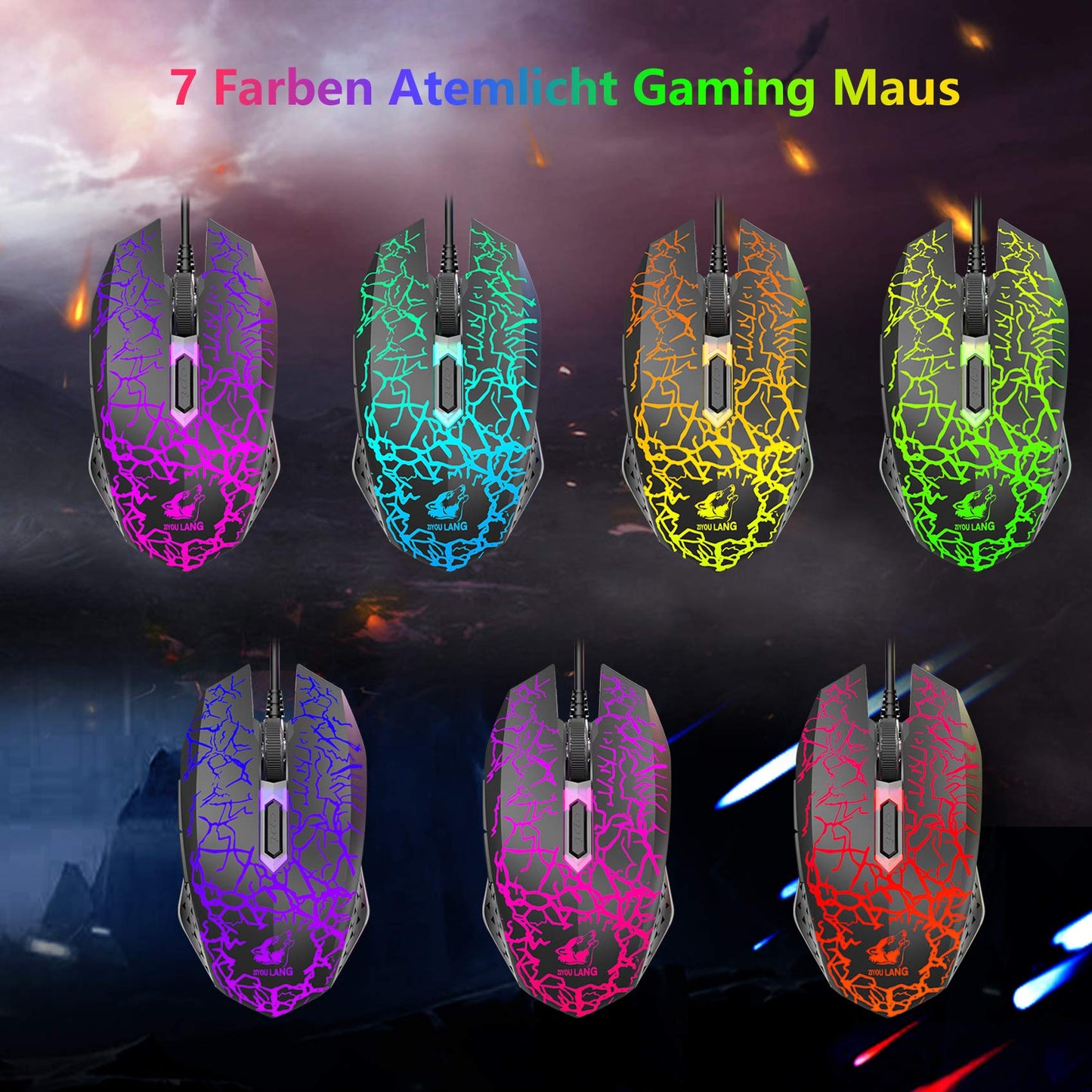 Gaming Keyboard and Mouse Set, QWERTZ German Layout Rainbow LED Backlight Ergonomic Keyboard 6 Buttons 2400 DPI Mouse and Mousepad, USB Wired, Compatible with PS4 Xbox, Black