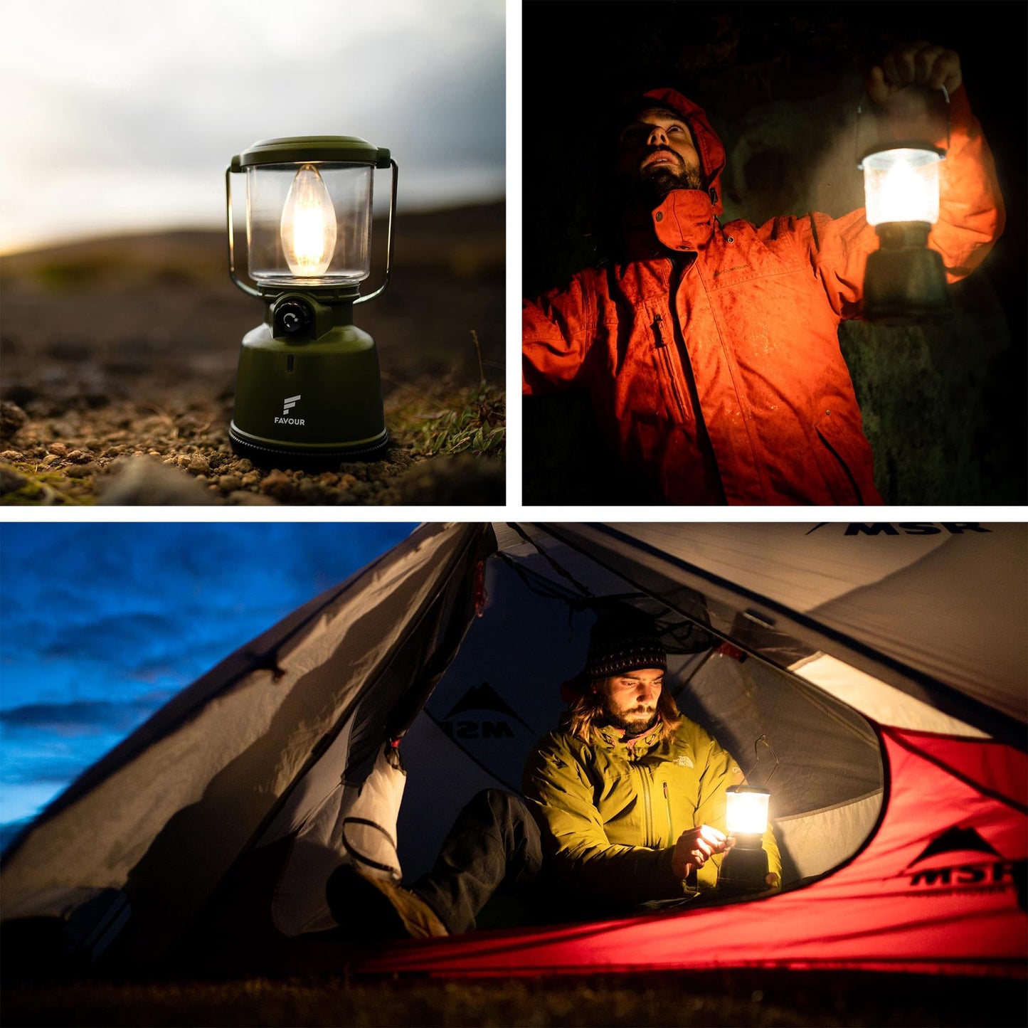 Favour Retro LED Lantern Outdoor | Bright camping lamp, dimmable, candlelight mode | LED lamp rechargeable battery, IP64 waterproof, shockproof | Hanging lamp tent, removable shade, green incl. battery