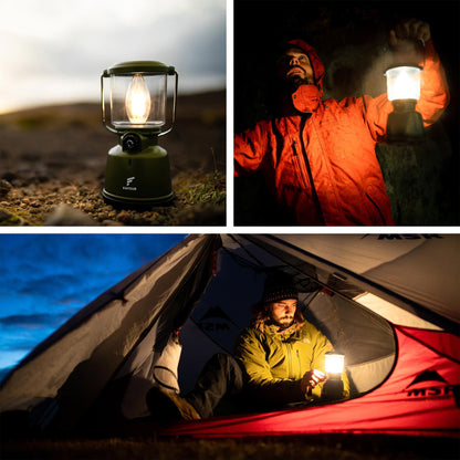 Favour Retro LED Lantern Outdoor | Bright camping lamp, dimmable, candlelight mode | LED lamp rechargeable battery, IP64 waterproof, shockproof | Hanging lamp tent, removable shade, green incl. battery