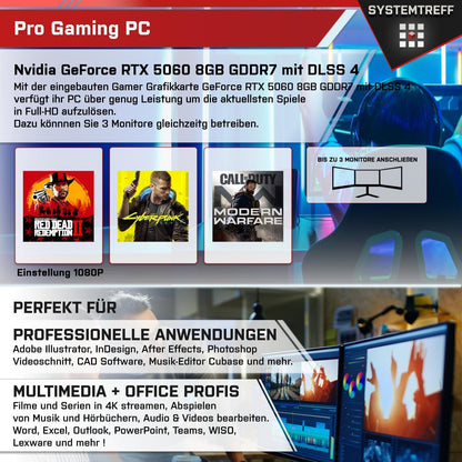 SYSTEMTREFF Gaming PC AMD Ryzen 7 5700X 8x4.6GHz | Nvidia RTX 5060 8GB DX12 | 1TB M.2 NVMe | 32GB DDR4 RAM | Windows 11 | WLAN Desktop Computer for Gamers, Gamers & Streamers