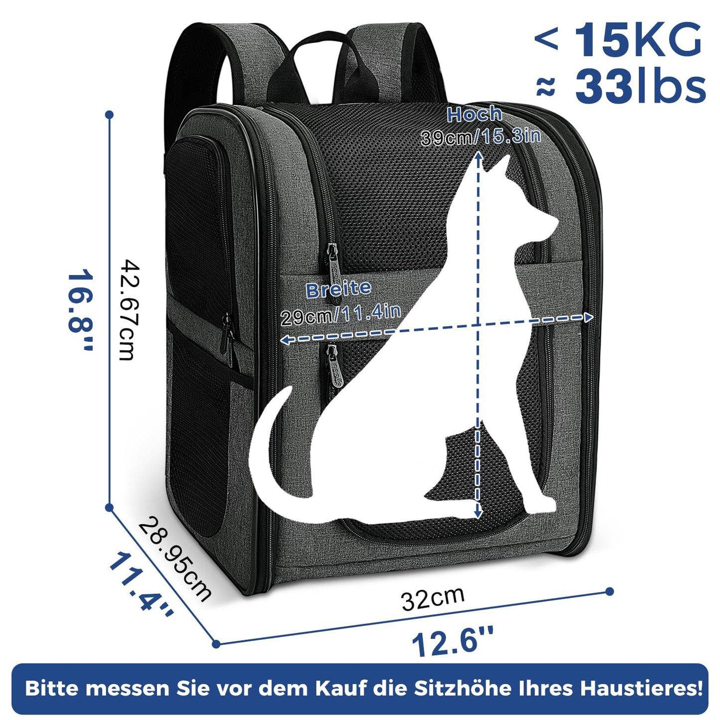 Apollo Walker Dog Backpack and Cat Backpack for Small Pets (2-15kg capacity) - Padded back support dog carrier Breathable mesh pet backpack for hiking, traveling, outdoor activities Grey