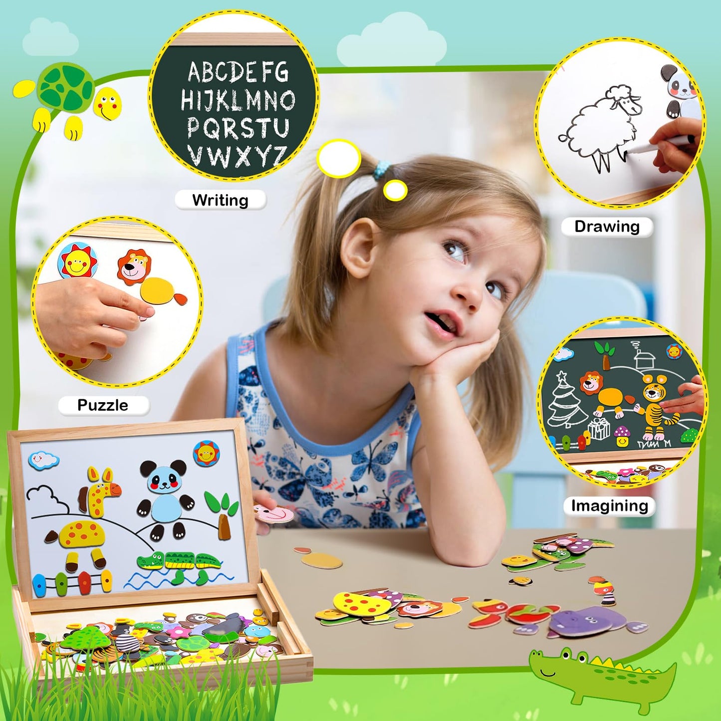 Uping Magnetic Wooden Puzzle 100 Pieces, Double-Sided Magnetic Board, Drawing Board Colored Pencils Chalks, Forest and Animal Puzzles Toy for Ages 3+