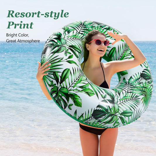 MoKo Adult Swim Rings, Inflatable Swimming Ring Water Game Ring, Large 107 cm Swim Ring Air Mattress Pool Toy Water Toy for Beach Pool Outdoor Summer, White & Green Leaf