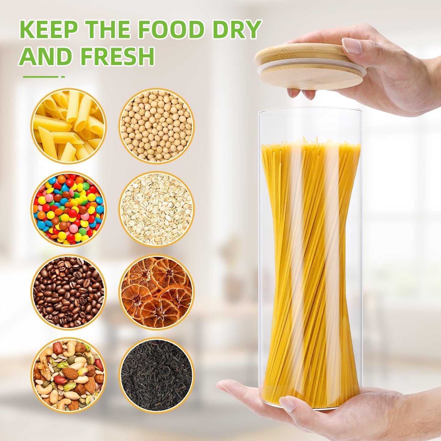 Lannvan glass storage jars with lids, 8-piece set, airtight glass storage containers with wooden lids for coffee beans, grains, nuts, flour, pasta, and spaghetti storage.