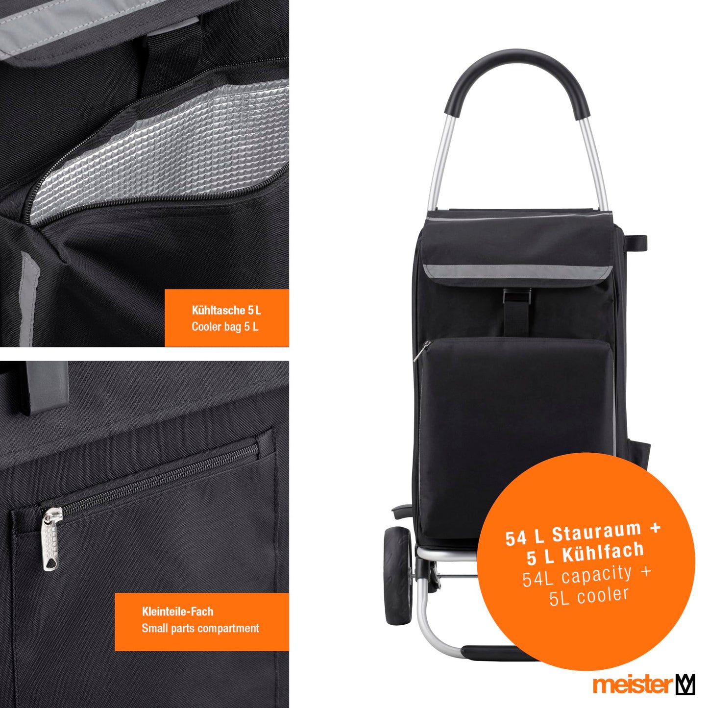 Master Shopping Trolley Black, 54 + 5 L - Foldable shopping cart with large wheels & cooler compartment - Detachable, waterproof bag - With hook for shopping cart