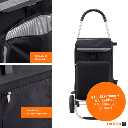 Master Shopping Trolley Black, 54 + 5 L - Foldable shopping cart with large wheels & cooler compartment - Detachable, waterproof bag - With hook for shopping cart