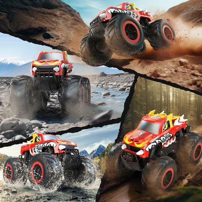 DEERC Amphibious Remote Control Car 1:16, 4WD Off-Road Monster Trucks in Fire Dragon Design with 2 batteries for land and water, 360 degree rotation, perfect gift for kids aged 6,7,8,9,10+ years.